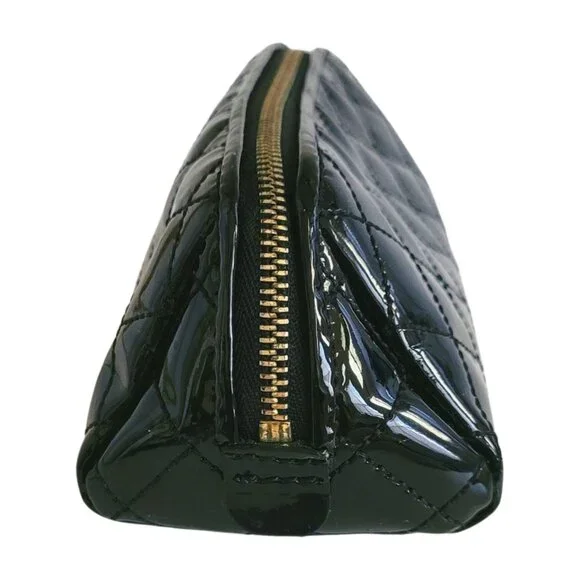 Rare BURBERRY Quilted Patent Leather Cosmetic Bag Black Gold Hardware Case